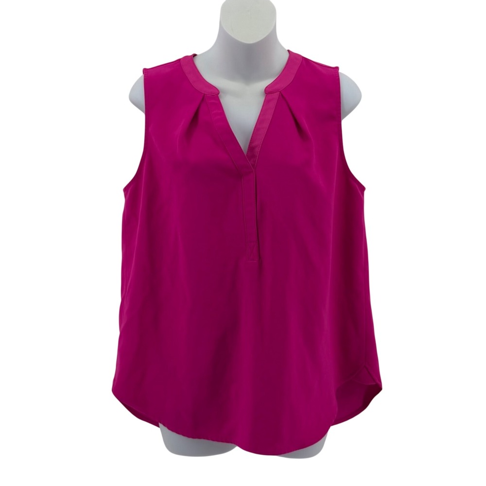 Trina Turk Sleeveless Blouse Magenta Pink Split Neck Pleated Top Size Large
